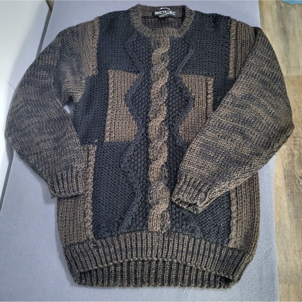 SOLE Men's Small VTG Sweater Brown/Black Pullover Retro Korea Ugly Old Money